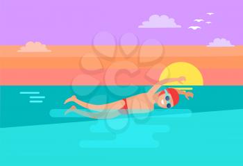 Butterfly swimming style vector. Stroke performed by sportsman in sea water in evening. Sunset and flying seagull birds in sky, professional sport