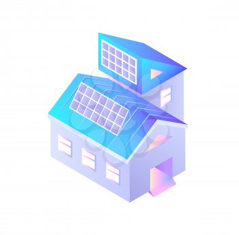 Buildings with installed solar batteries isolated icon vector. Smart city infrastructure, construction with alternative energy power hub generation
