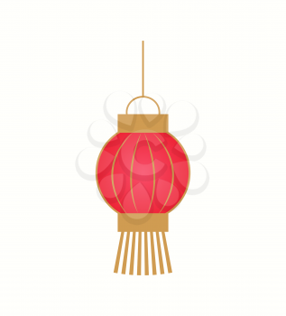Hanging red paper lantern with golden stripes in flat style isolated on white. Classic Chinese decoration for New Year, single colorful ornament vector