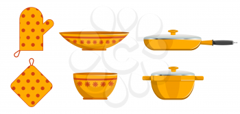 Kitchen pot and saucer pan crockery and mitten vector isolated icons set. Porcelain ceramic tableware, dishware decorated with ornaments decoration