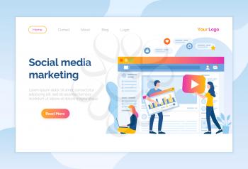Social media marketing website online page people vector. Workers filling information for site, optimization and development of seo search engine. Networking connection