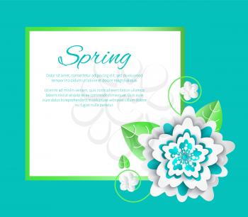 Spring flower and poster with text sample isolated banner vector. Floral decoration with petals and foliage frondage. Green frame star shaped plant