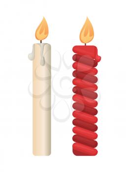 Holiday and church candles, burning paraffin item vector isolated icon. Decorative element, aroma realistic red and white bougies, symbols of New Year