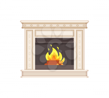 Fireplace with classic ornaments and columns isolated icon vector. Flames and wooden logs in fire branches and warmth of heat. Home interior furniture