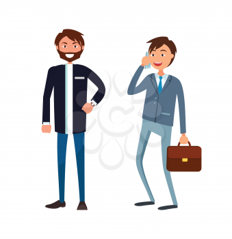 Bearded businessman in formal wear and executive worker with briefcase speaking on phone discussing business issues. Male office workers in suits vector