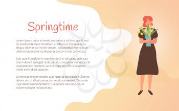 Springspring postcard or webpage decorated by standing woman embracing flowers, girl in brown dress holding bouquet, portrait view of female vector