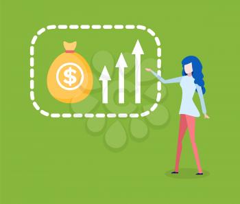 Woman showing ways of increasing financial growth. Vector cartoon woman pointing on flowchart, money bag with dollar sign isolate. Analytic lady and graphs