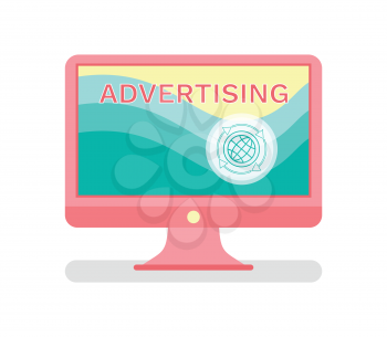 Advertising mass media vector. Internet usage in marketing and promotion of product, business website with production. Computer monitor with globe icon