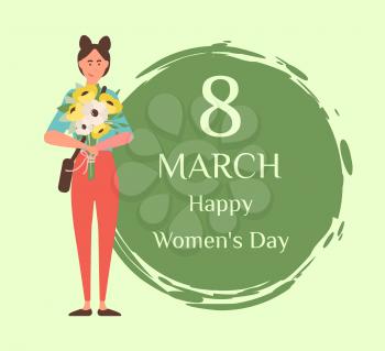 8 march womens day greetings and female with blooming celebrate international spring holiday. Vector student girl with bouquet of flowers, painted circle with strokes