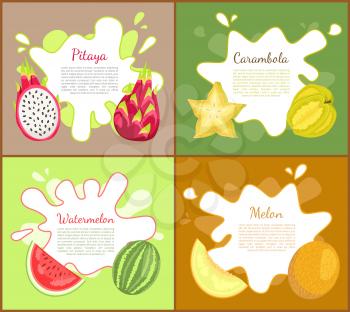 Pitaya and carambola posters set with text sample and info about tropical fruits. Juicy watermelon slice and sweet melon food. Nutritious meal vector