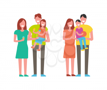 Family happy together people spending time and laughing. Mother and father with son will ball and daughter holding eating ice-cream isolated on vector