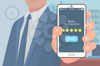 Share experience mobile application rating vector. User of app for buying product online with cell screen and rate. Good service feedback of client