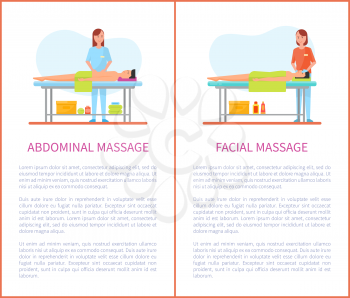 Abdominal and facial medical massage session cartoon posters set with text. Masseur girl in uniform and patient man lying on table relaxed and pleased