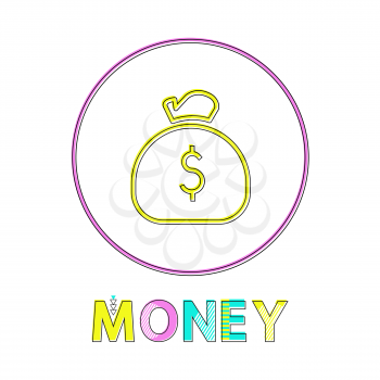 Money web linear icon template with sack of coins. E-commerce round button outline for online shop app isolated cartoon flat vector illustration.