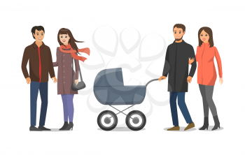 Couple people in love husband and wife walking with perambulator and kid inside. Family mother and father having rest outside. Pair woman and man vector