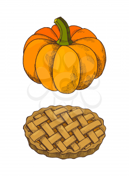 Pumpkin vegetable and baked pie isolated icons set vector. Traditional meal cooked on thanksgiving day, celebration plates and symbols of holiday