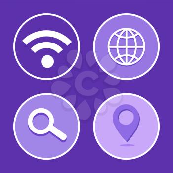 Social network, wifi connection sign, isolated icons set. Circles and globe of planet Earth, location and magnifying glass. Internet tools vector