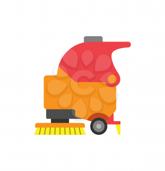 Floor care and cleaning services tool vector icon. Washing machine in supermarket shop store with brush, sterile mop and dust. Shop cleaner equipment