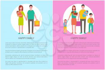 Happy family parents and kids. Couple and children spending time together vector people. Mother holding newborn baby on hands, father with adorable son.