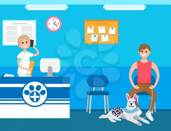 Veterinary receptionist, man with dog in clinic waiting appointment vector. Medical treatment care, pets recovery and examination in hospital by vet