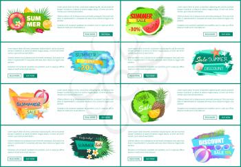 Best super discount banners set vector. Big promotion and summer offering, proposals of shops. Watermelon fruit and cocktail with straw, cool beverage