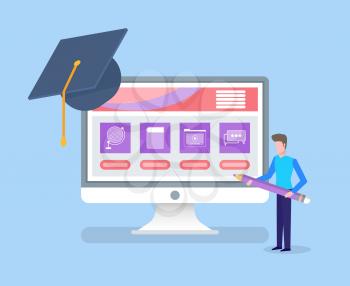 Online education, completion of university degree vector. Person holding pencil standing by monitor with info files and assignments, graduation hat