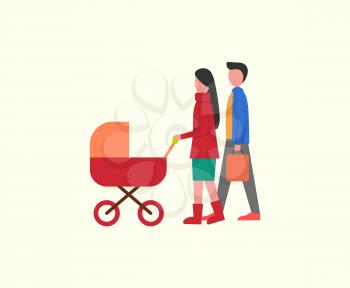 People with kid in pram, family walking together vector. Newborn kid in perambulator, father and mother parenting care of child. Married couple stroll
