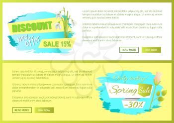 Discounts new offer sale off advertisement label rose and snowdrop flowers, springtime blooming buds on promo emblem isolated, web posters with text