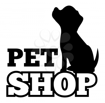 Pet shop logo and cute black puppy silhouette, sitting dog isolated on white background, shop for domestic animals, text sample, vector illustration
