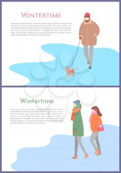Wintertime person walking dog on leash vector. Canine with owner, couple standing on ice, winter season, outdoors activities, people in warm clothes