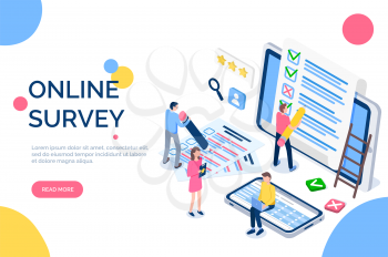 Online survey people with screens and laptops vector. Male and female rating applications, ticking marks and crosses. Laptops and text sample cell