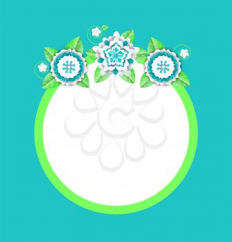 Vector web banner with papercut blooming flowers, round frame with spare place. Floral decoration on circled border in white, green and blue colors