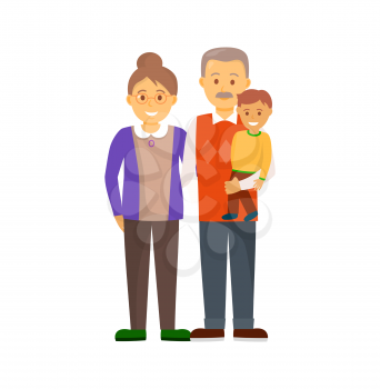 Grandfather holding smiling little grandson and hugging grandmother, people in sweater and trousers. Cheerful family full length portrait vector isolated