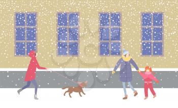 Lady walking dog on leash strolling along street vector. Mother holding child on hand, wearing warm jacket and knitted scarf. Blizzard snowflakes falling