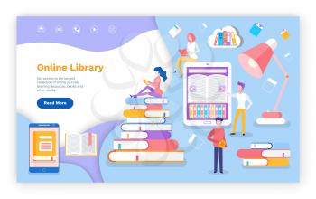 Online library with access to books for students vector. Cell phone with information, woman reading book preparing for exam. Man with ebook and notebook