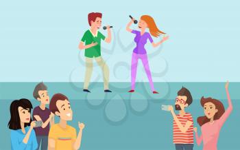 Boy and girl with microphone on stage and people near scene singing with hands up. Men and women recording on phone performance and performers vector