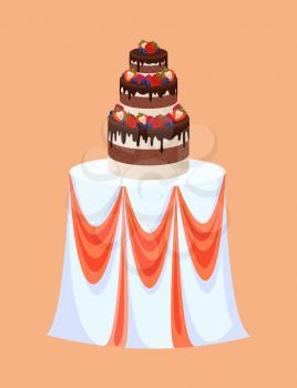 Wedding table with cake made of chocolate and berries vector. Choco topping, raspberries and strawberries with leaves, blueberries sweet dessert for party