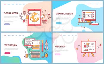 Graphic and web design, analytics and social media vector. Computer screen with tools, monitor with supplies for optimisation of website data on charts