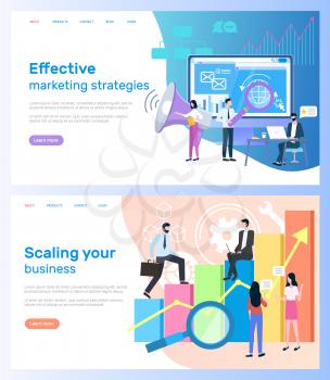 Effective marketing strategies, scaling business vector. Computer monitor and loudspeaker, statistical graphic and entrepreneurs, research and development