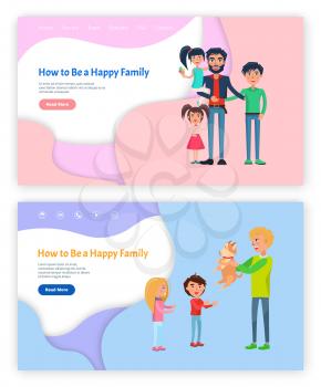 How to be happy family father with kids website vector. Daddy with children, boy and girl child, relatives together. Male holding puppy furry pet