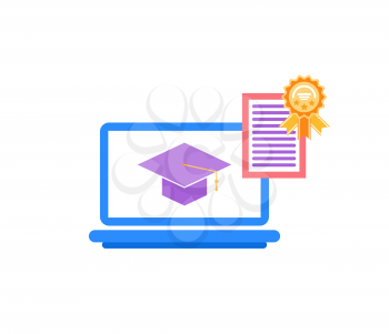 Laptop with icon of academic cap. Golden reward with diploma. Medal prize and education icon isolated on white. Flat graduation achievements vector