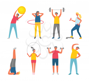 Sporty people set isolated on white, man and woman in sportwear exercising. Ball and dumbbell, hula hoop, skipping rope, stretching or yoga vector