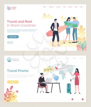 Time to travel vector, touristic agency woman looking at laptop search tour for client,. Businessman holding surfing board, man and lady with map. Website or webpage template, landing page flat style