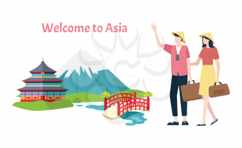 Welcome to Asia vector, mountain and traditional architecture of Asian countries. Man and woman walking with bags and baggage. Bridges and river, building