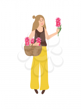 Girl happy to receive flowers on international holiday vector, isolated woman holding hyacinth in hands. Romantic gift on womens day floral present