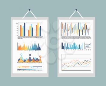 Infographic business charts and graphs with info vector. Information visual representation, diagrams and flowcharts numeric numbers data, statistics