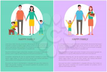 Happy family members mother, father, son, daughter and dog pet isolated. Couple and children, close relatives walk together, cartoon style vector poster