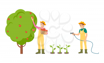 Farmer woman with basket isolated icons set vector. Food plantation vegetables and fruits, watering plants. Gardening and harvesting summer season