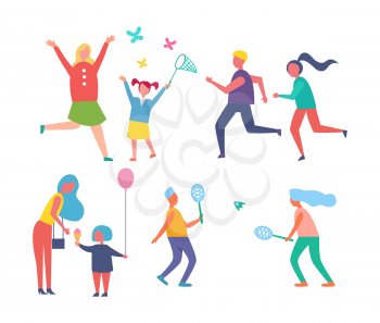 Park activities families resting together isolated icons. Jogging people, mother and kid with balloon, couple playing tennis, active lifestyle vector