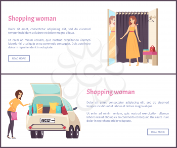 Shopping woman in fitting room trying on new dress. Lady put packages into car, shopaholic in store vector web pages. Sale in clothes store shops posters